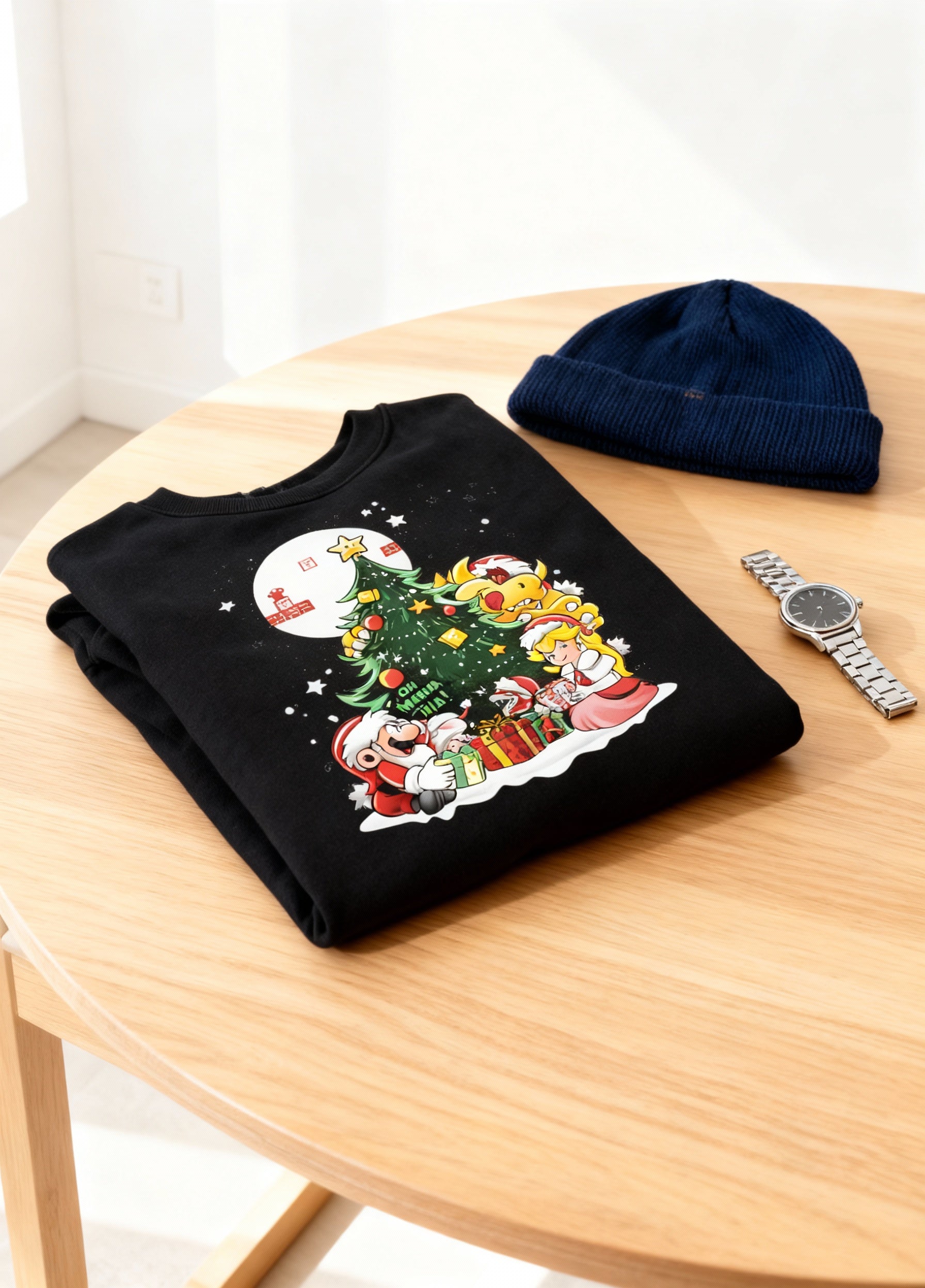 Black Super Mario Christmas Sweatshirt – Mario, Peach & Bowser Christmas Tree Festive Jumper