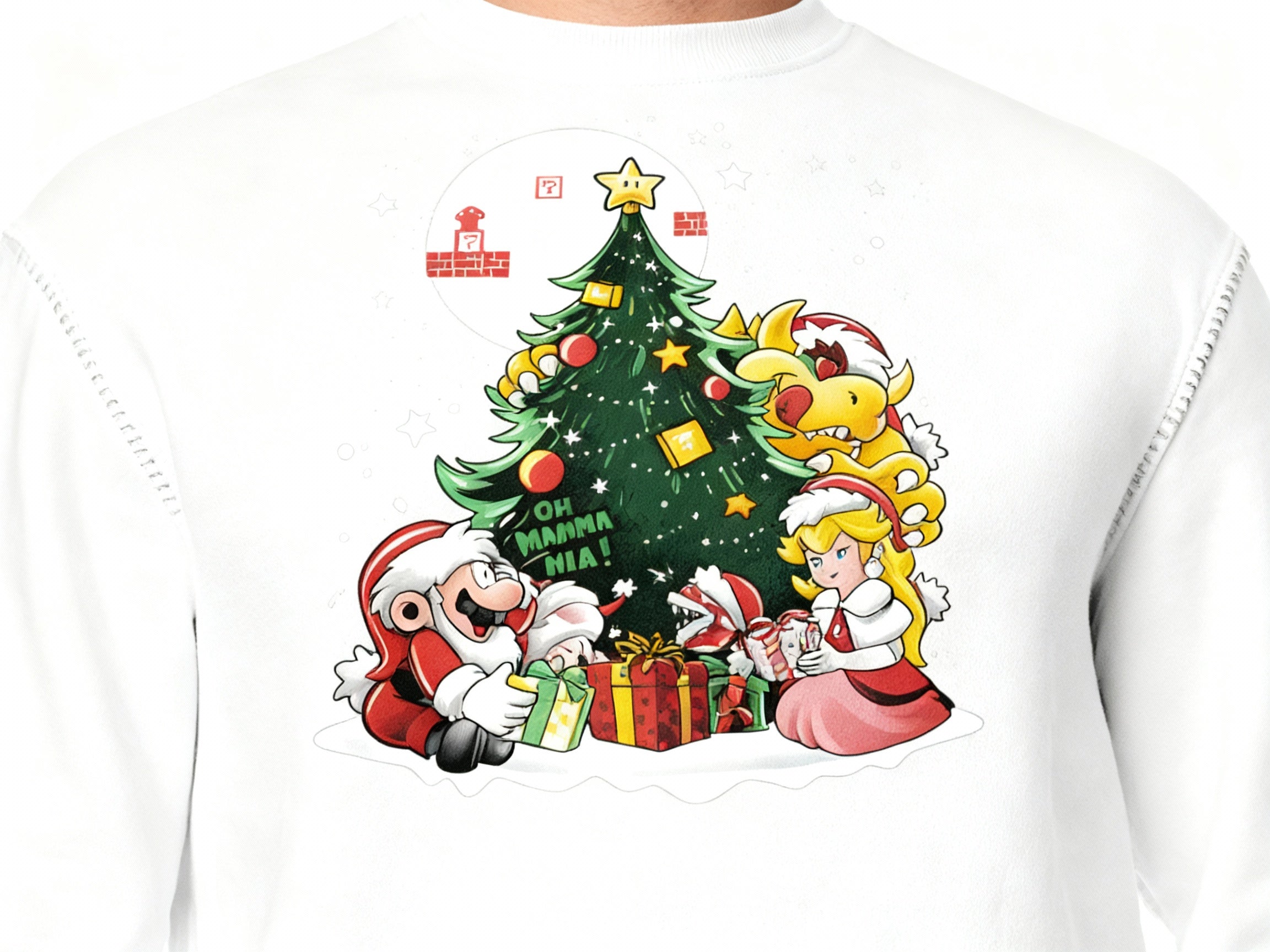 White Super Mario Christmas Sweatshirt – Mario, Peach & Bowser Christmas Tree Festive Holiday Jumper