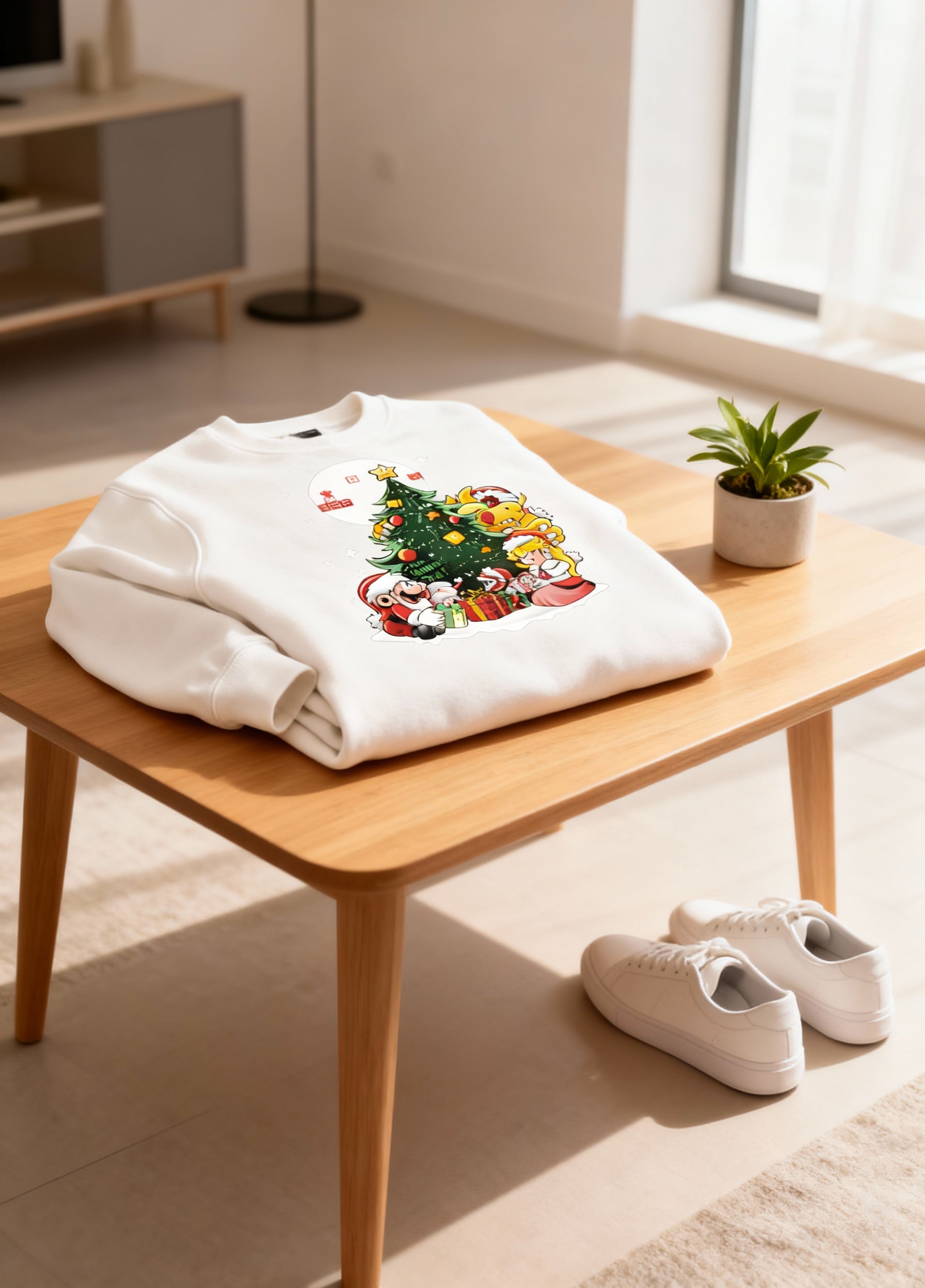 White Super Mario Christmas Sweatshirt – Mario, Peach & Bowser Christmas Tree Festive Holiday Jumper
