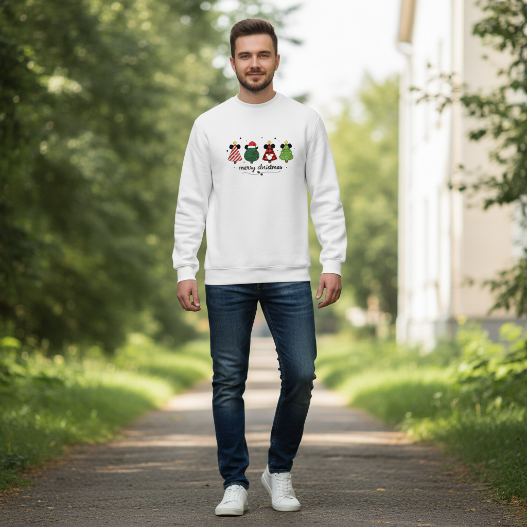 Whimsical Mickey Christmas Tree Lineup Sweatshirt – Cute Festive Holiday Disney-Inspired Jumper