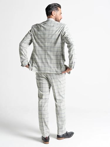 Pearl River Suit with Blue Checks (UK, Alpha, One Size, Regular, Regular, 36" Blazer | 36" Waistcoat | 30" Trousers, Pearl River with Blue - Oxford) - The Tie Company