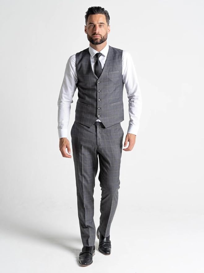 Dark Grey Suit with White Checks (UK, Alpha, One Size, Regular, Regular, 52″ Blazer | 52″ Waistcoat | 46″ Trousers, Oxford - The Tie Company
