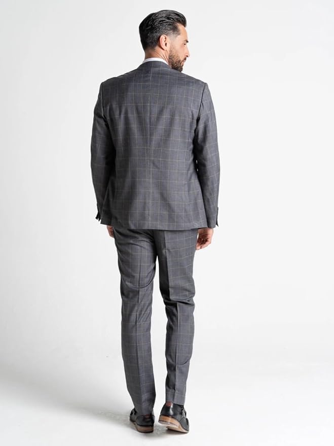 Dark Grey Suit with White Checks (UK, Alpha, One Size, Regular, Regular, 52″ Blazer | 52″ Waistcoat | 46″ Trousers, Oxford - The Tie Company