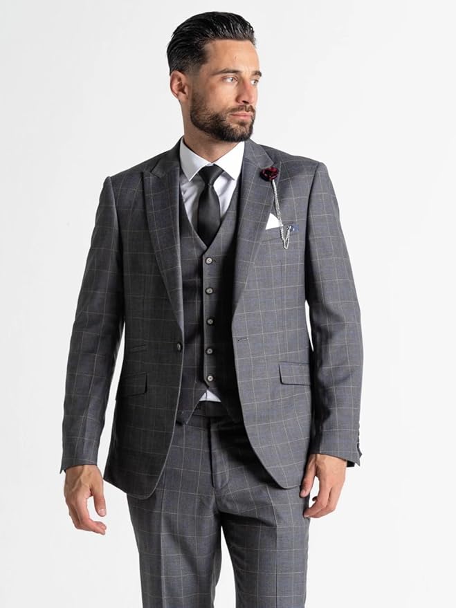 Dark Grey Suit with White Checks (UK, Alpha, One Size, Regular, Regular, 52″ Blazer | 52″ Waistcoat | 46″ Trousers, Oxford - The Tie Company