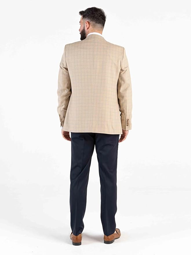 Combi Beige Checks Three Piece Suit – Modern Tailored Fit Sky Blue Blazer, Burgundy Waistcoat, and Navy Trousers – Stylish Groomsmen Outfit - Angelo - The Tie Company