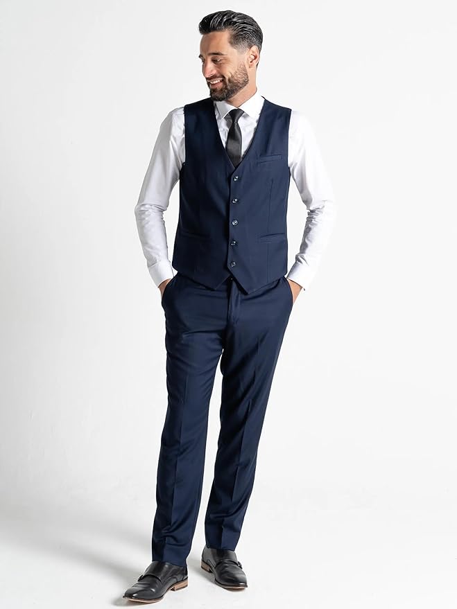 Navy Blue Three Piece - Slim Fit Blazer, Trousers & Waistcoat, Notch Lapel, Complimentary Pocket Square & Tie, Ideal for Formal Events - Haris - The Tie Company
