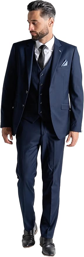 Navy Blue Three Piece - Slim Fit Blazer, Trousers & Waistcoat, Notch Lapel, Complimentary Pocket Square & Tie, Ideal for Formal Events - Haris - The Tie Company