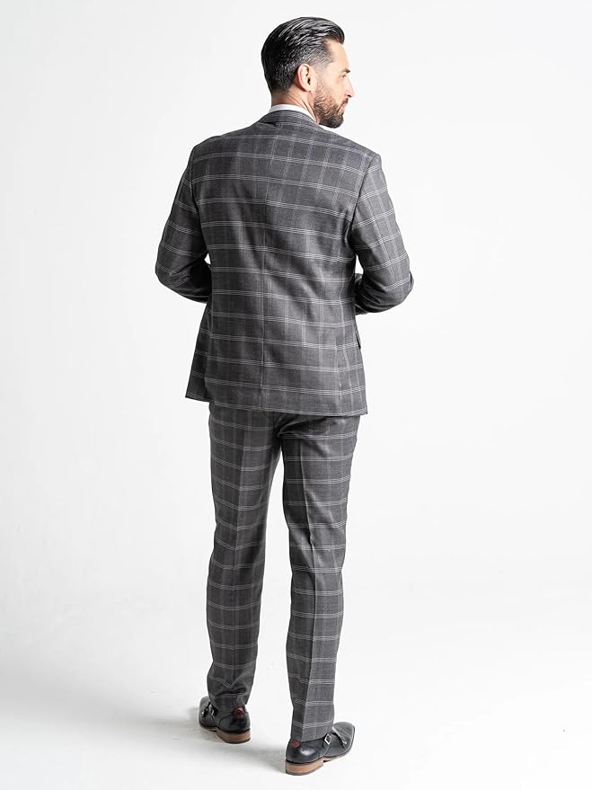 Grey Tweed Three Piece Suit – White Check Tailored Fit Blazer, Waistcoat, and Trousers – Elegant Vintage-Inspired Formalwear for Weddings and Special Occasions - The Tie Company