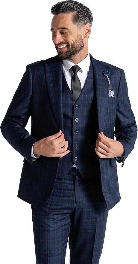 Blue Tweed Three Piece Suit – Black Check Tailored Fit Blazer, Waistcoat, and Trousers – Sophisticated Formalwear for Weddings and Special Occasions-Jubilee - The Tie Company