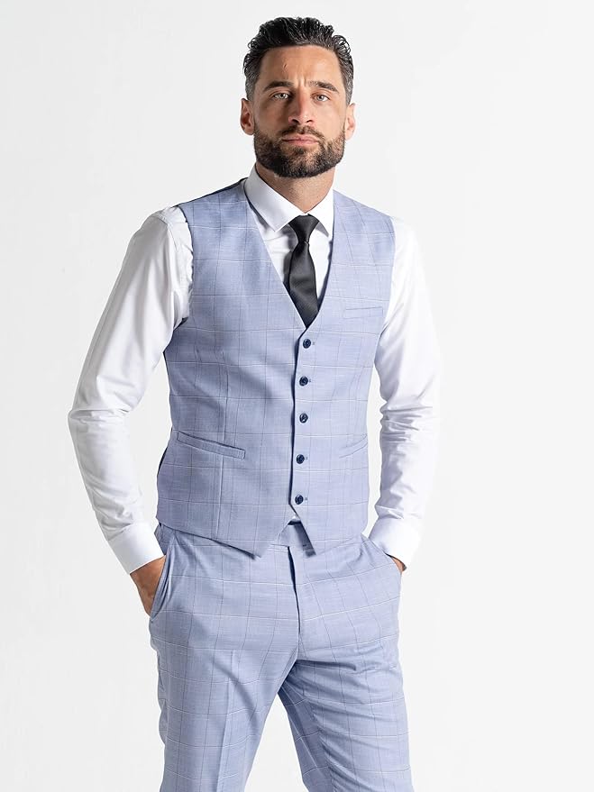 Baby Blue Suit with Brown Checks - Tailored Three-Piece Slim Fit Formal Suit with Blazer, Waistcoat, and Trousers for Special Occasions - Oxford - The Tie Company