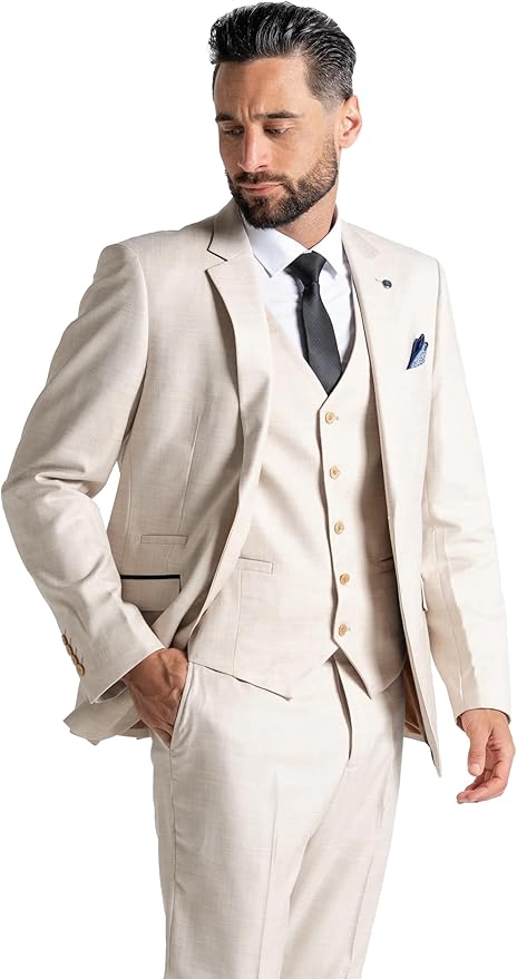 Cream Three Piece Suit - Slim Fit Blazer, Trousers & Waistcoat, Notch Lapel, Complimentary Pocket Square, Perfect for Weddings & Formal Events - Henry - The Tie Company