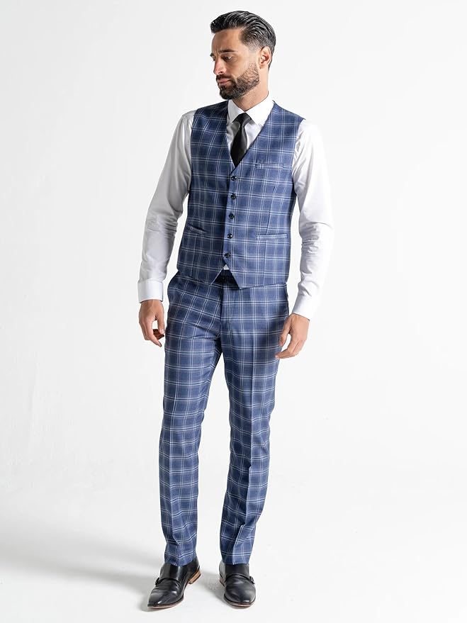 Royal Blue Tweed Three Piece Suit – Sky Blue Check Tailored Fit Blazer, Waistcoat, and Trousers – Stylish Formalwear for Weddings and Special Occasions Search this page - The Tie Company