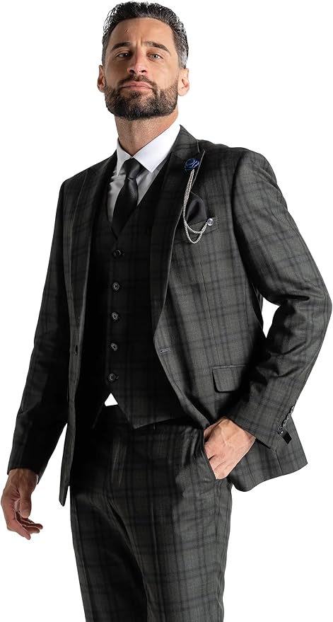 Dark Green Tweed Three Piece Suit – Black Check Tailored Fit Blazer, Waistcoat, and Trousers – Elegant Vintage-Inspired Formalwear for Weddings and Events - The Tie Company