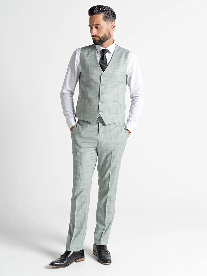 Oxford Men’s Lime Green & Blue Checked 3-Piece Slim Fit Suit