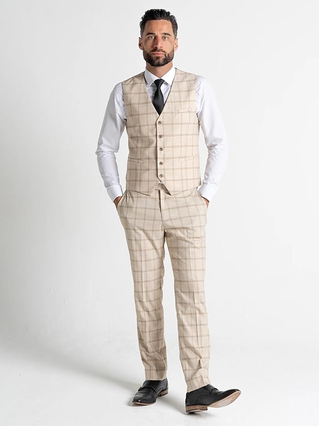 3-Piece Suit with Brown Checks - Tailored Fit Blazer, Matching Trousers & Single-Breasted Waistcoat-Oxford - The Tie Company