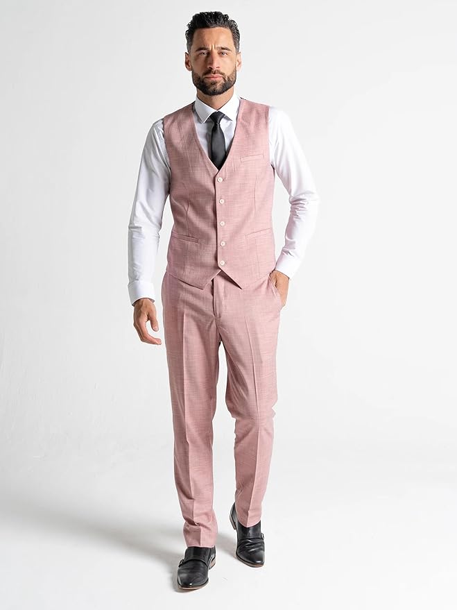 Pastel Pink Three Piece Suit - Slim Fit Blazer, Trousers & Waistcoat, Notch Lapel, Complimentary Pocket Square & Navy Blue Tie, Elegant Design - Edward - The Tie Company