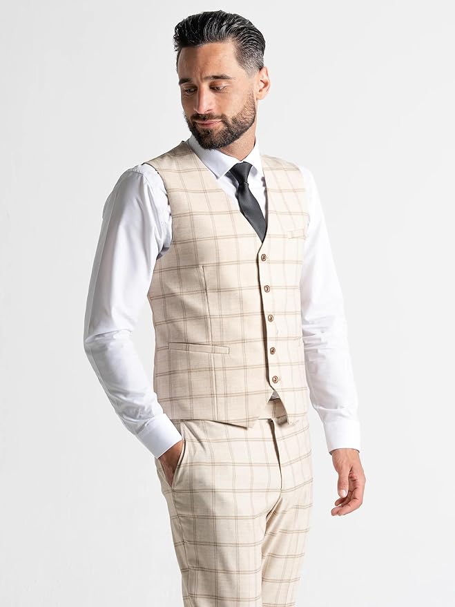 3-Piece Suit with Brown Checks - Tailored Fit Blazer, Matching Trousers & Single-Breasted Waistcoat-Oxford - The Tie Company