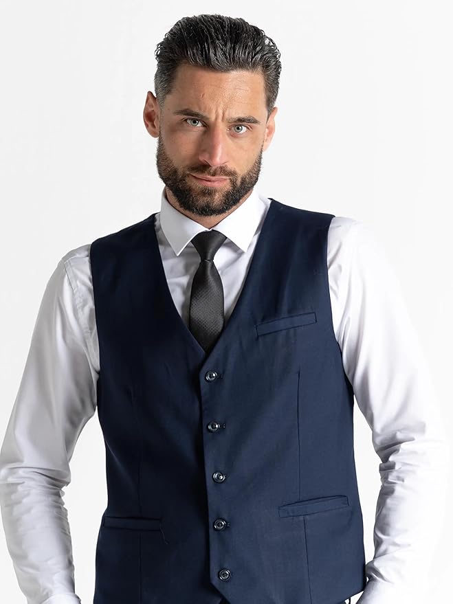 Navy Blue Three Piece - Slim Fit Blazer, Trousers & Waistcoat, Notch Lapel, Complimentary Pocket Square & Tie, Ideal for Formal Events - Haris - The Tie Company
