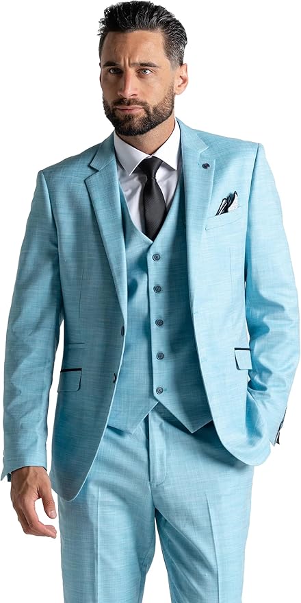 Aqua Three Piece Suit - Slim Fit Blazer, Trousers & Waistcoat, Notch Lapel, Complimentary Pocket Square, Ideal for Weddings & Formal Events - Henry - The Tie Company