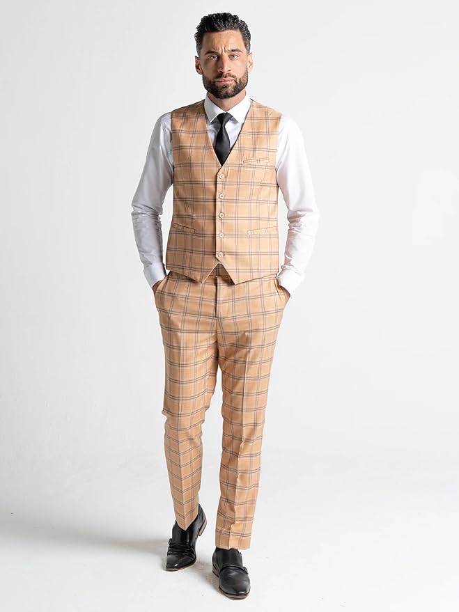 Orange Suit with Navy Blue Checks - Tailored Fit Blazer, Matching Trousers & Single-Breasted Waistcoat-Oxford - The Tie Company