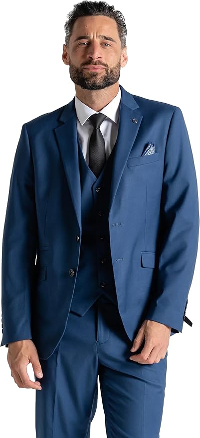 Blue Three Piece Suit - Slim Fit Blazer, Trousers & Waistcoat, Notch Lapel, Complimentary Pocket Square & Tie, Perfect for Formal Occasions - Haris - The Tie Company