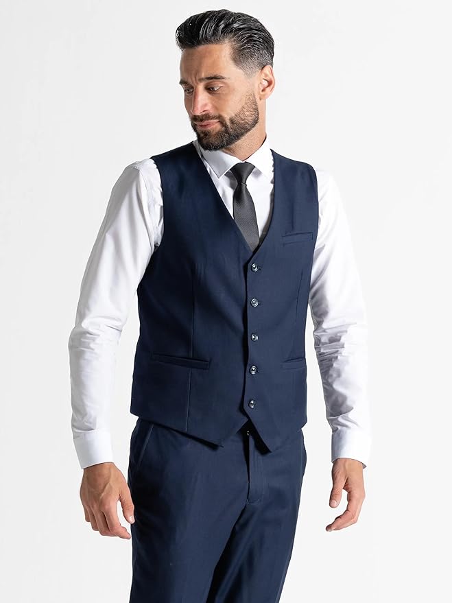 Navy Blue Three Piece - Slim Fit Blazer, Trousers & Waistcoat, Notch Lapel, Complimentary Pocket Square & Tie, Ideal for Formal Events - Haris - The Tie Company