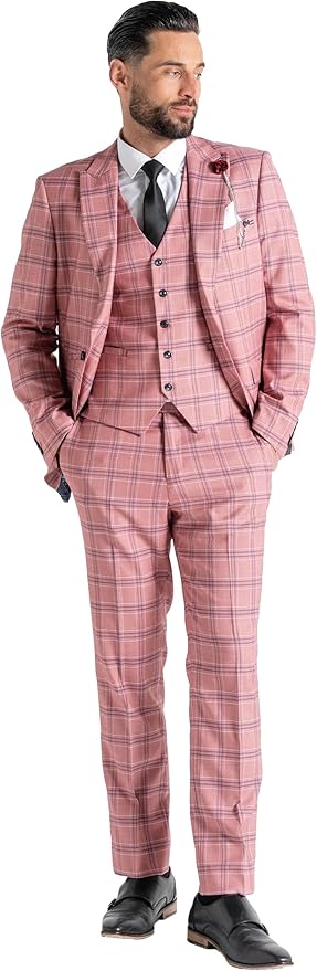 Buy Mens Kensington Rose Pink Tailored Fit Wool Blend Three Peace Checks Suit – Weddings, Business Meetings, and Formal Occasions suit Order Suit online Now - The Tie Company