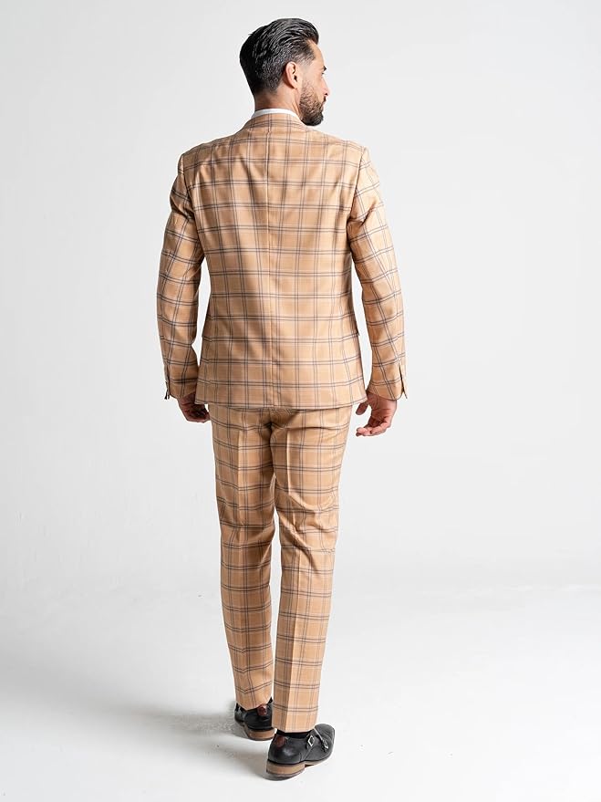 Orange Suit with Navy Blue Checks - Tailored Fit Blazer, Matching Trousers & Single-Breasted Waistcoat-Oxford - The Tie Company