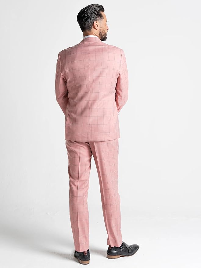Pink with Black Checks 3-Piece Slim Fit Suit Blazer, Waistcoat & Baby Blue Trousers, Peak Lapel, 4-Button Cuffs, Complimentary Pocket Square - Oxford - The Tie Company