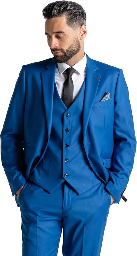 Cool Blue Three Piece Suit - Slim Fit Blazer, Trousers & Waistcoat, Notch Lapel, Complimentary Pocket Square & Tie, Ideal for Formal Occasions - Haris - The Tie Company