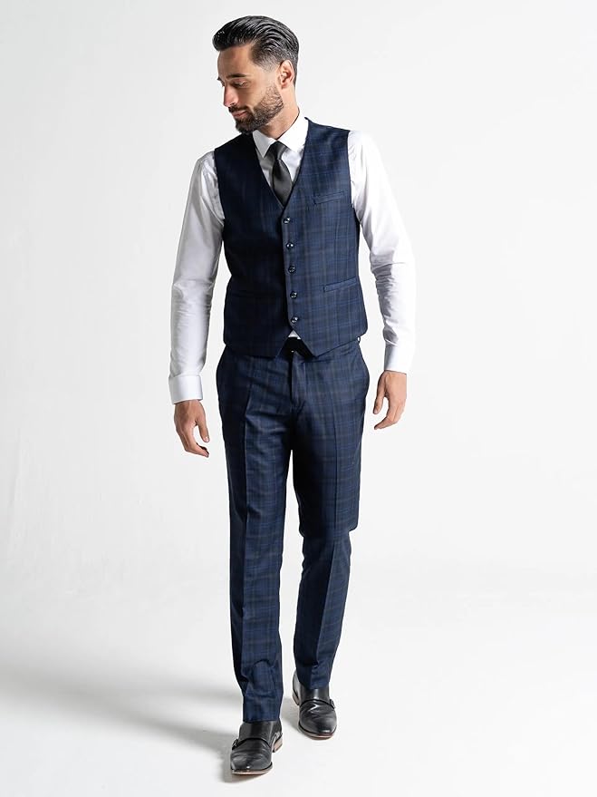 Blue Tweed Three Piece Suit – Black Check Tailored Fit Blazer, Waistcoat, and Trousers – Sophisticated Formalwear for Weddings and Special Occasions-Jubilee - The Tie Company