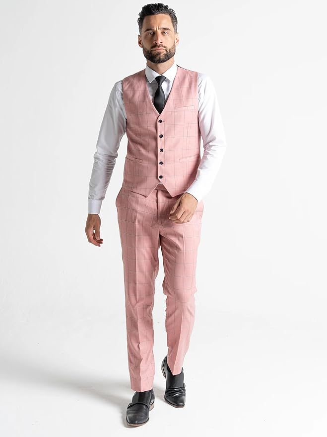 Pink with Black Checks 3-Piece Slim Fit Suit Blazer, Waistcoat & Baby Blue Trousers, Peak Lapel, 4-Button Cuffs, Complimentary Pocket Square - Oxford - The Tie Company