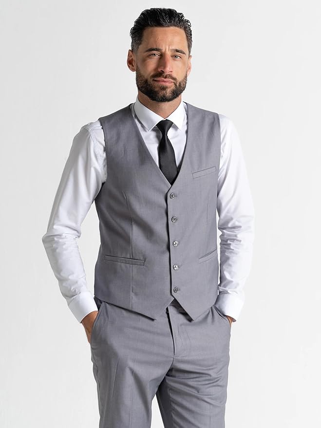 Grey Three Piece Suit - Slim Fit Blazer, Trousers & Waistcoat, Notch Lapel, Complimentary Pocket Square & Tie, Perfect for Weddings & Formal Events - Haris - The Tie Company