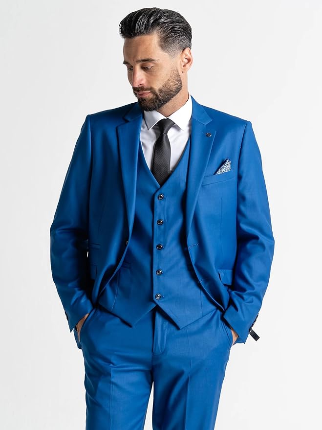 Cool Blue Three Piece Suit - Slim Fit Blazer, Trousers & Waistcoat, Notch Lapel, Complimentary Pocket Square & Tie, Ideal for Formal Occasions - Haris - The Tie Company