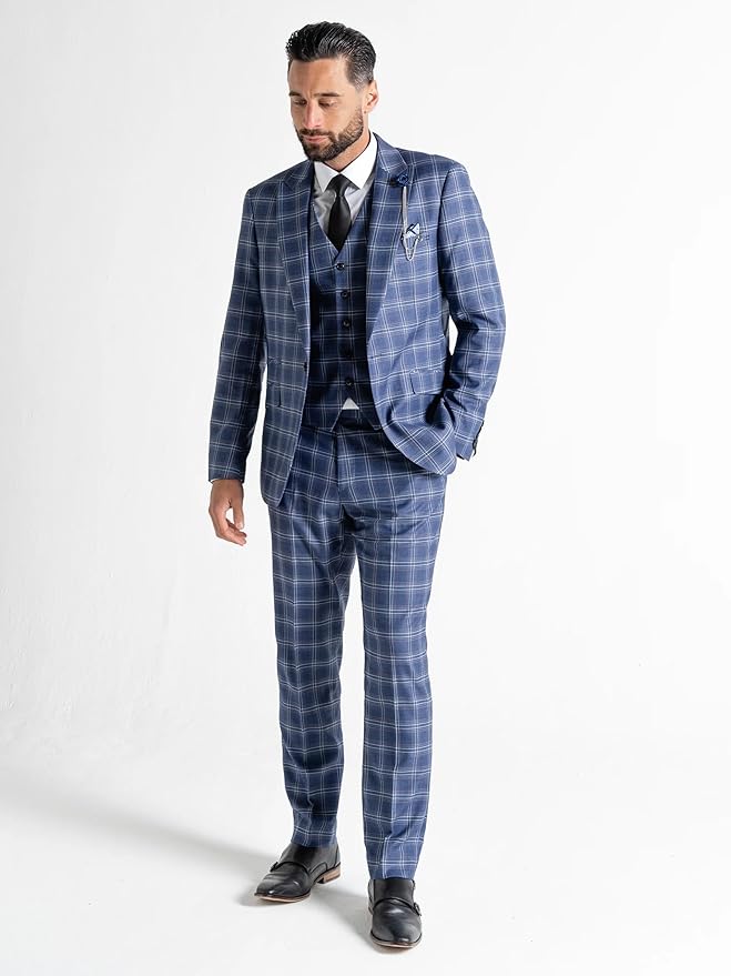 Men’s Royal Blue Tweed Three-Piece Suit with Sky Blue Check