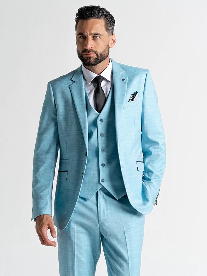 Aqua Three Piece Suit - Slim Fit Blazer, Trousers & Waistcoat, Notch Lapel, Complimentary Pocket Square, Ideal for Weddings & Formal Events - Henry - The Tie Company