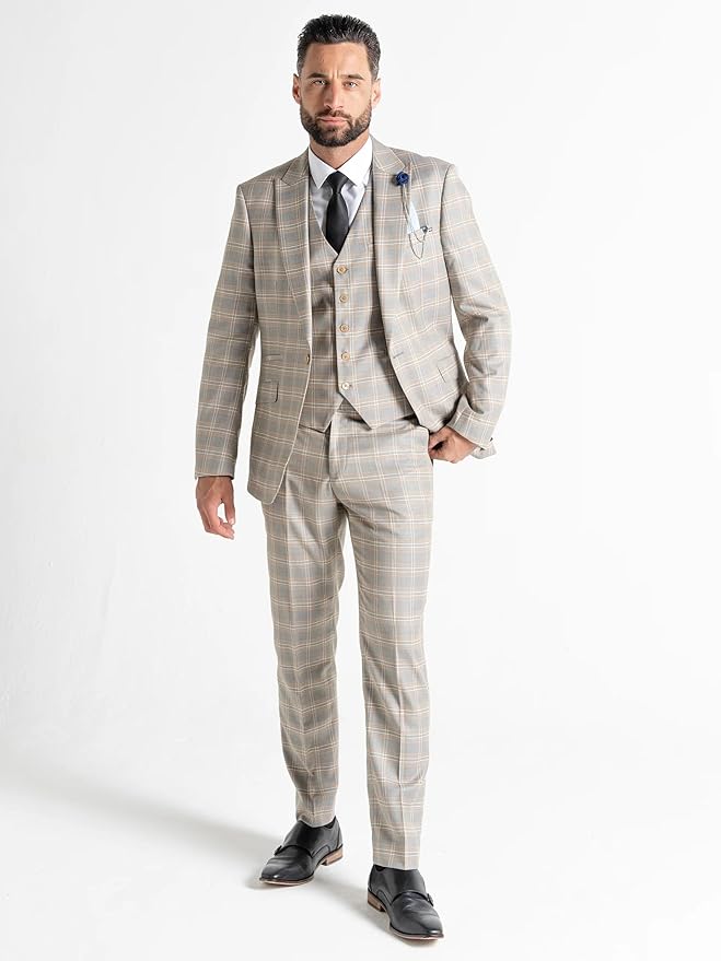 Men’s Light Grey Tweed 3-Piece Suit, White & Caramel Check