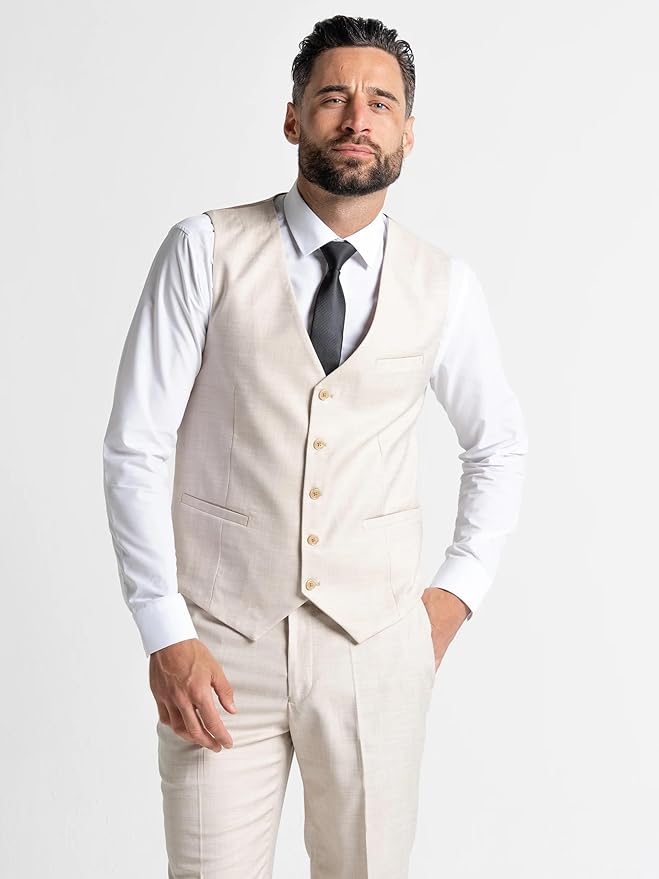 Cream Three Piece Suit - Slim Fit Blazer, Trousers & Waistcoat, Notch Lapel, Complimentary Pocket Square, Perfect for Weddings & Formal Events - Henry - The Tie Company