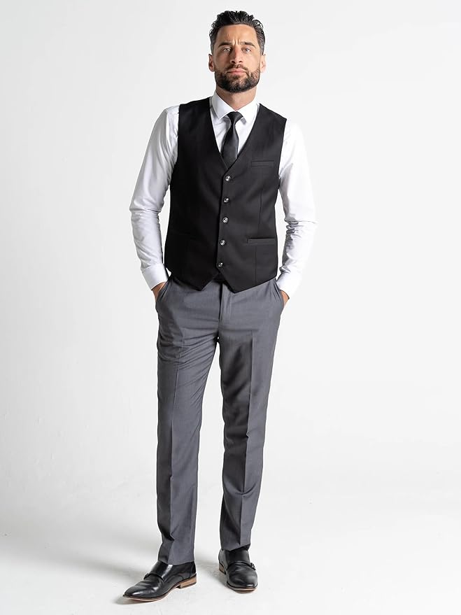 Grey Slim-Fit Blazer with Black Waistcoat Three-Piece Suit – Notch Lapel, Complimentary Pocket Square, and Grey Trousers – Elegant Formalwear for Weddings and Special Occasions - The Tie Company