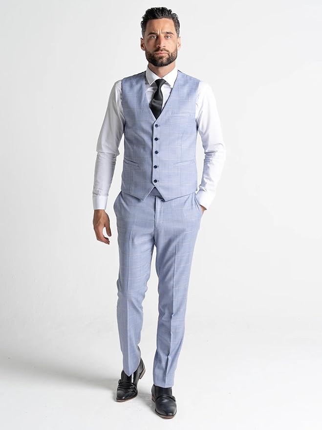 Baby Blue Suit with Brown Checks - Tailored Three-Piece Slim Fit Formal Suit with Blazer, Waistcoat, and Trousers for Special Occasions - Oxford - The Tie Company