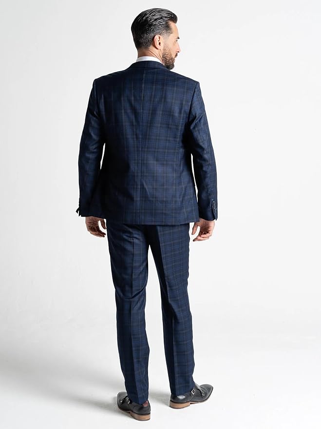 Blue Tweed Three Piece Suit – Black Check Tailored Fit Blazer, Waistcoat, and Trousers – Sophisticated Formalwear for Weddings and Special Occasions-Jubilee - The Tie Company