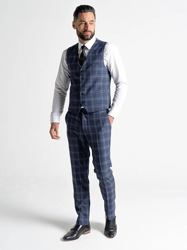 Submarine Blue Tweed Three Piece Suit – Light Blue Check Tailored Fit Blazer, Waistcoat, and Trousers – Elegant Formalwear for Weddings and Special Occasions - The Tie Company