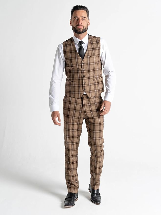 Coffee Tweed Three Piece Suit – Brown Check Tailored Fit Blazer, Waistcoat, and Trousers – Sophisticated Vintage-Inspired Formalwear for Weddings and Special Events - The Tie Company