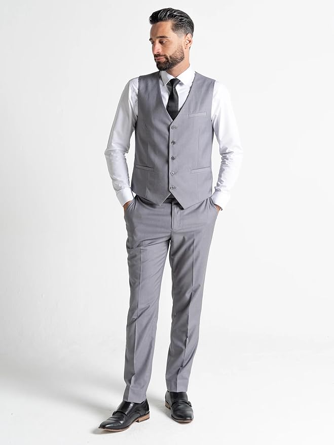 Grey Three Piece Suit - Slim Fit Blazer, Trousers & Waistcoat, Notch Lapel, Complimentary Pocket Square & Tie, Perfect for Weddings & Formal Events - Haris - The Tie Company
