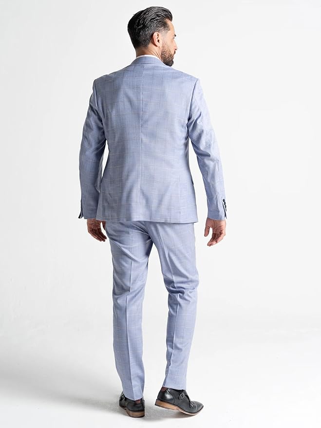 Baby Blue Suit with Brown Checks - Tailored Three-Piece Slim Fit Formal Suit with Blazer, Waistcoat, and Trousers for Special Occasions - Oxford - The Tie Company
