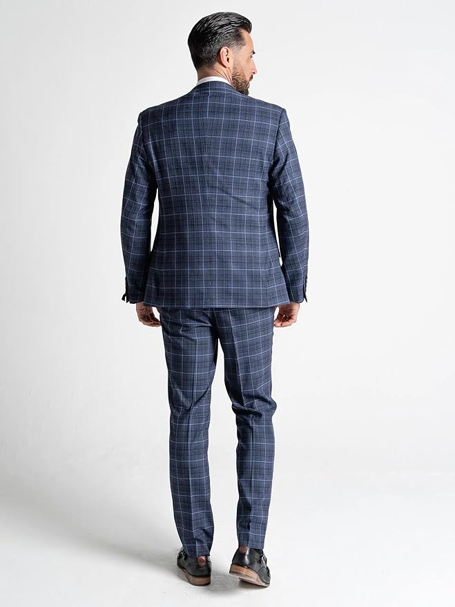 Submarine Blue Tweed Three Piece Suit – Light Blue Check Tailored Fit Blazer, Waistcoat, and Trousers – Elegant Formalwear for Weddings and Special Occasions - The Tie Company