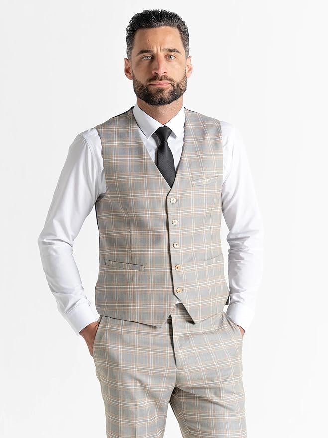 Light Grey Tweed Three Piece Suit – White and Caramel Check Tailored Fit Blazer, Waistcoat, and Trousers – Elegant Formalwear for Weddings and Special Occasions - The Tie Company