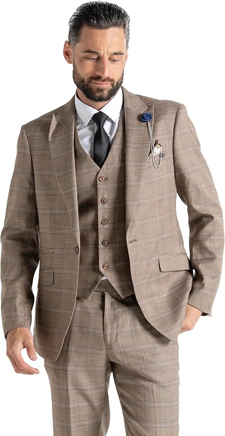 Coffee Tweed Three Piece Suit – Dark Brown and White Check Tailored Fit Blazer, Waistcoat, and Trousers – Classic Formalwear for Weddings and Special Occasions - The Tie Company