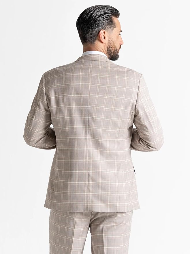 Champagne Tweed Three Piece Suit – White and Light Brown Check Tailored Fit Blazer, Waistcoat, and Trousers – Elegant Formalwear for Weddings and Special Occasions-Charles - The Tie Company