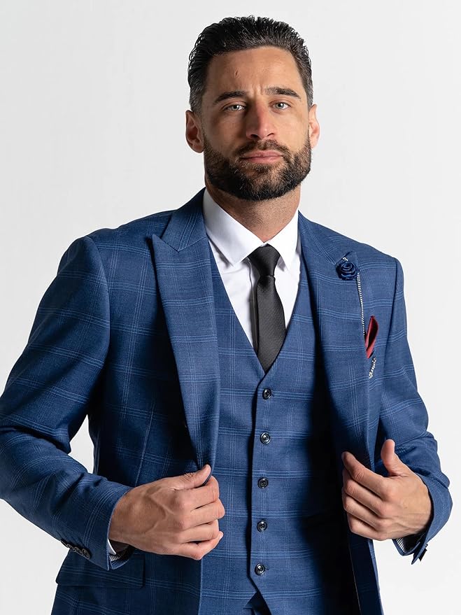 Deep Blue Tweed Three Piece Suit – Light Blue Check Tailored Fit Blazer, Waistcoat, and Trousers – Sophisticated Formalwear for Weddings and Special Events - The Tie Company